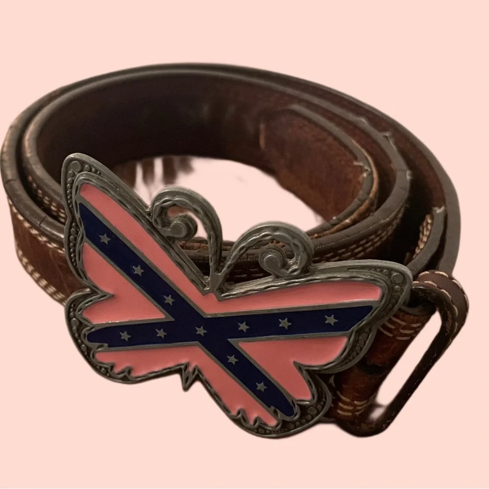 Women’s Nocona Genuine Leather Westen Belt 34 Butterfly Cross Statement Buckle - Picture 3 of 16